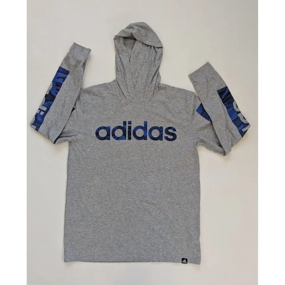 Adidas Linear Hooded Shirt Long Sleeve Youth Size XL 18/20 Grey With Blue Logos